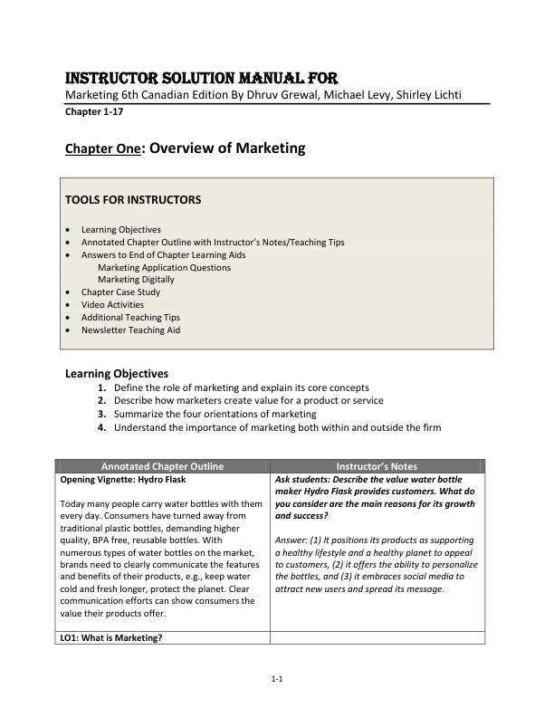 Instructor Solution Manual For Marketing 6th Canadian Edition By Dhruv Grewal, Michael Levy, Shirley Lichti Chapter (1-17)