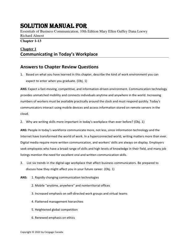 Solutin Manual For Essentials of Business Communication, 10th Edition Mary Ellen GuffeyDana LoewyRichard Almonte