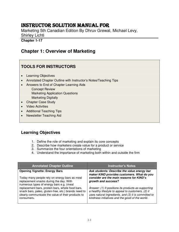 Instructor Solution Manual Marketing 5th Canadian Edition By Dhruv Grewal, Michael Levy, Shirley Lichti Chapter (1-17)