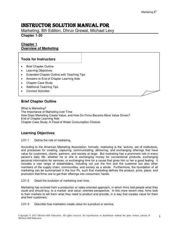 Instructor Solution Manual For Marketing, 8th Edition, Dhruv Grewal, Michael Levy Chapter (1-20)