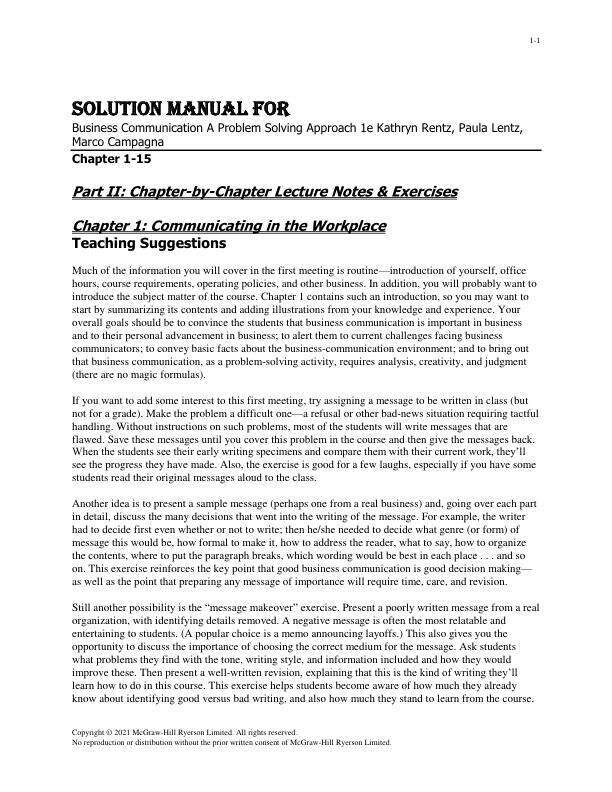 Solution Manual For Business Communication A Problem Solving Approach 1e Kathryn Rentz, Paula Lentz, Marco Campagna Chapter(1-15)
