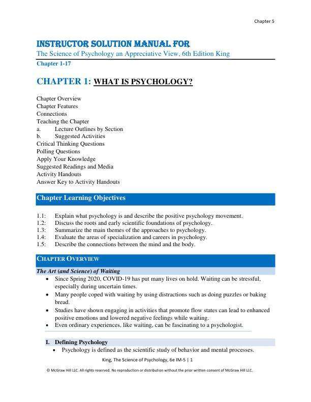 Instructor Solution Manual For The Science of Psychology An Appreciative View, 6th Edition King Chapter(1-17)