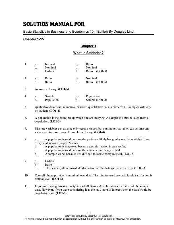 Solution Manual for Basic Statistics in Business and Economics 10th Edition By Douglas Lind, Chapter(1-15)