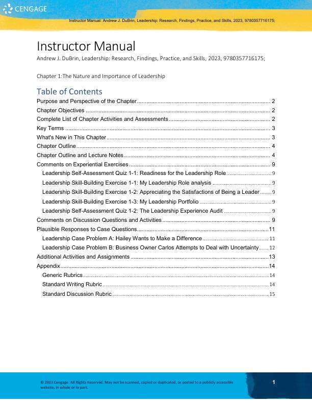 Instructor Solution Manual ForLeadership Research Findings, Practice, and Skills, 10th Edition Andrew J. DuBrin Chapter (1-15)