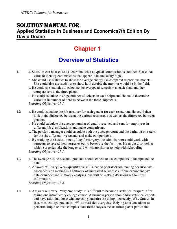 Solution Manual For Applied Statistics in Business and Economics7th Edition By David Doane