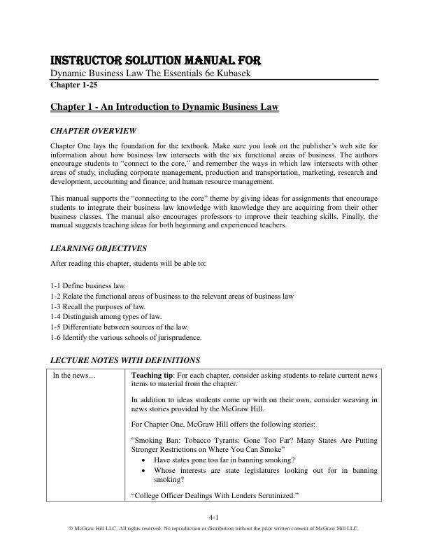 Solution Manual For Dynamic Business Law The Essentials 6e Kubasek (1-25)
