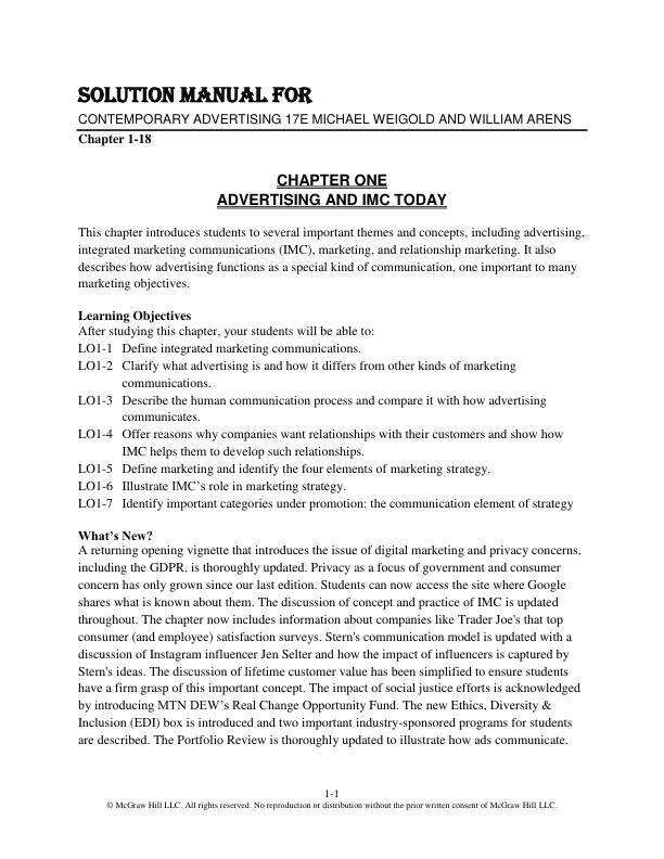Solution Manual For Contemporary Advertising 17e Michael Weigold and William Arens Chapter(1-18)
