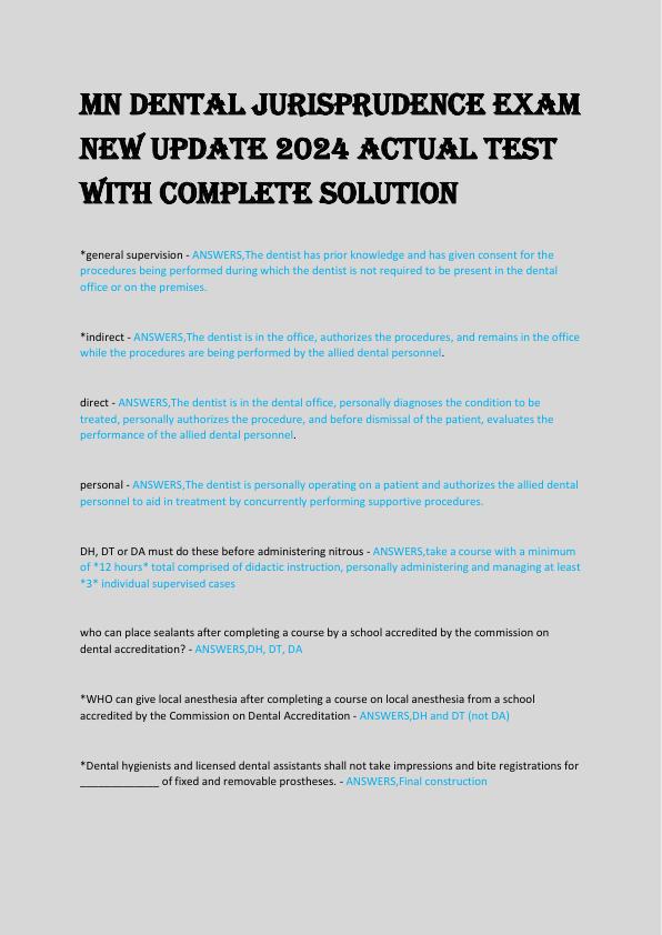 MN Dental Jurisprudence Exam New Update 2024 Actual Test with complete solution