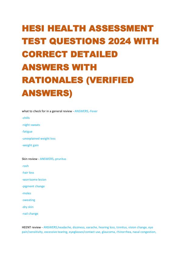 HESI HEALTH ASSESSMENT TEST QUESTIONS 2024 WITH CORRECT DETAILED ANSWERS WITH RATIONALES