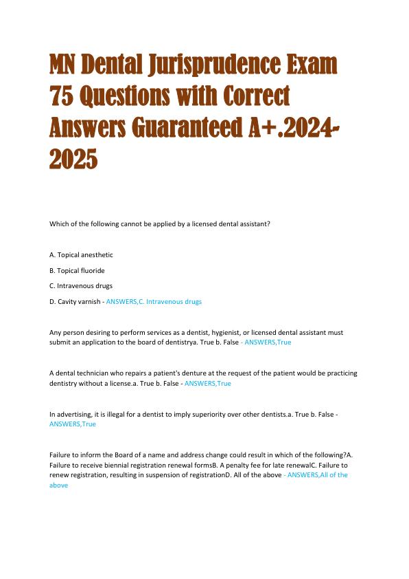 MN Dental Jurisprudence Exam 75 Questions with Correct Answers Guaranteed A