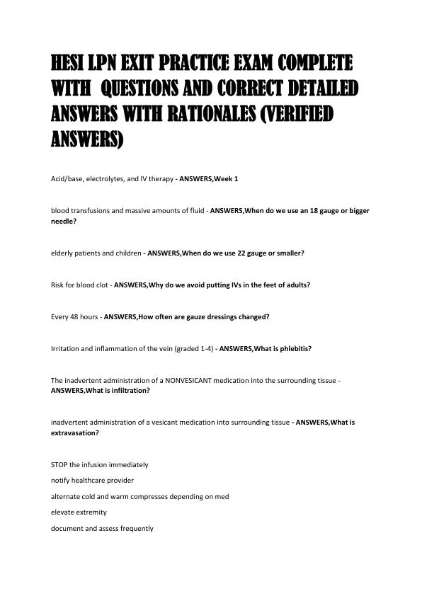 HESI LPN EXIT PRACTICE EXAM COMPLETE WITH  QUESTIONS AND CORRECT DETAILED ANSWERS WITH RATIONALES