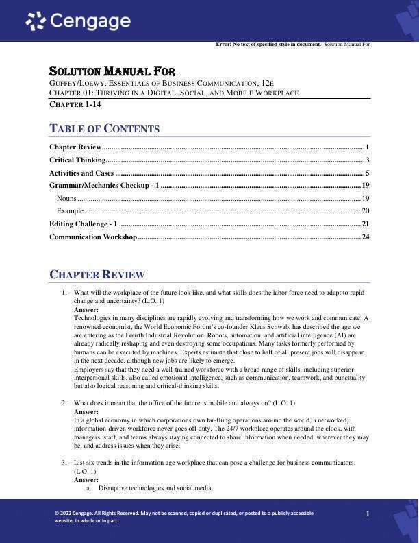 Solution Manual For Essentials of Business Communication, 12th Edition Mary Ellen GuffeyDana Loewy Chapter(1-14)