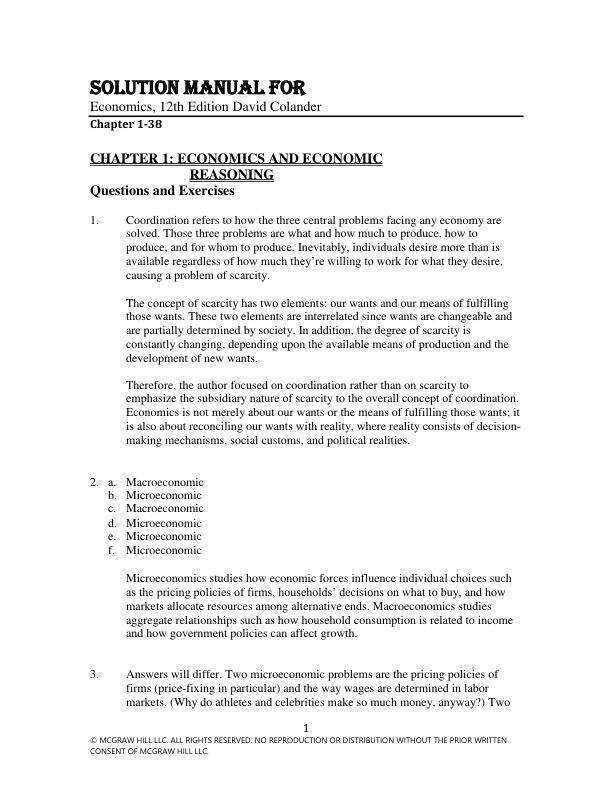 Solution Manual For Economics, 12th Edition David Colander Chapter(1-38)