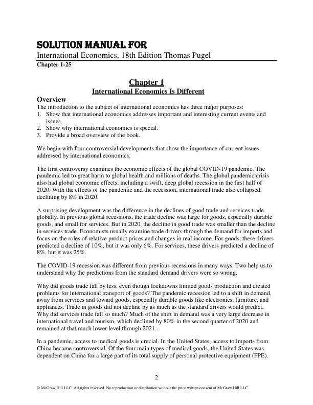 Solution Manual For International Economics, 18th Edition Thomas Pugel Chapter(1-25)