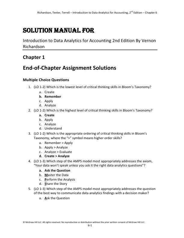 Solution Manual For Introduction to Data Analytics for Accounting 2nd Edition By Vernon Richardson