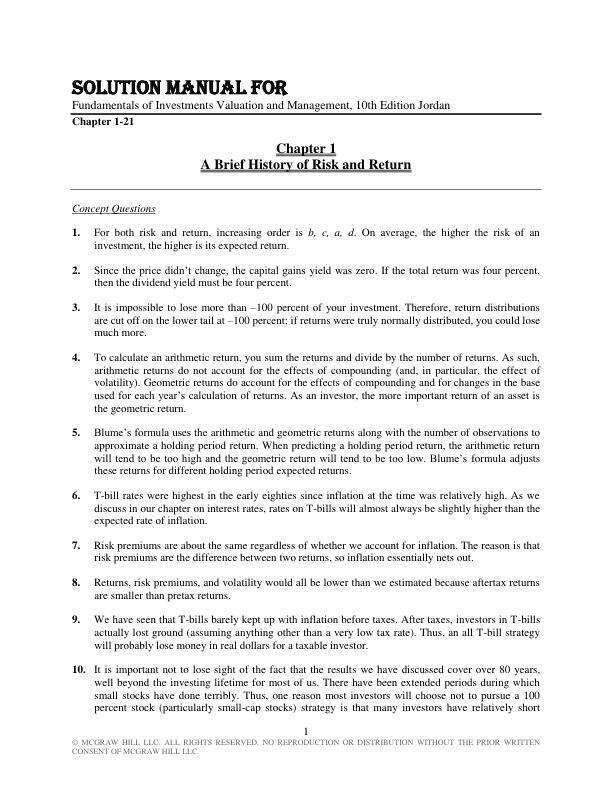 Solution Manual For Fundamentals of Investments Valuation and Management, 10th Edition Jordan Chapter (1-21)
