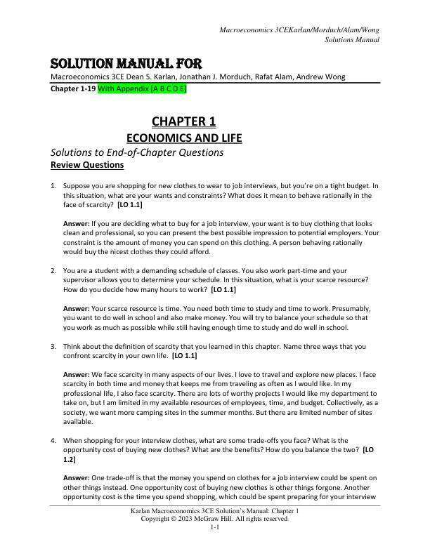 Solution Manual For Macroeconomics 3CE Dean S. Karlan, Jonathan J. Morduch, Rafat Alam, Andrew Wong