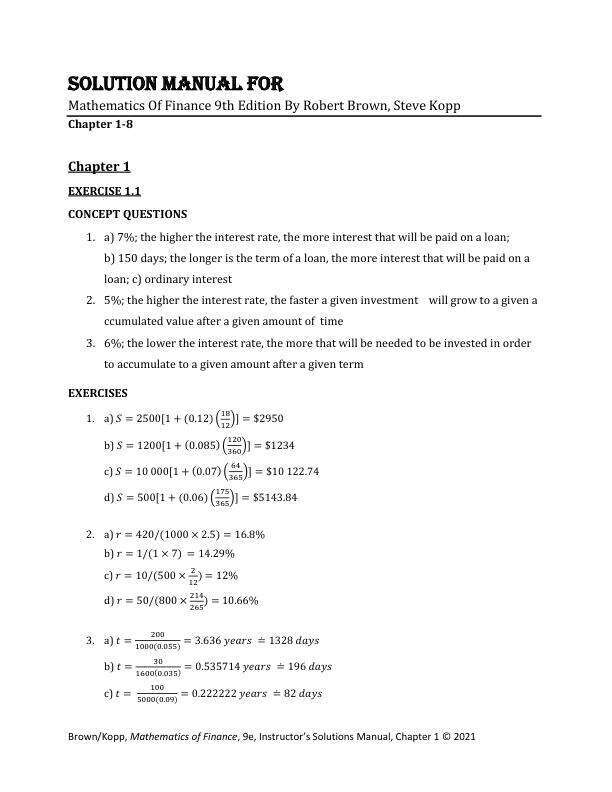 Solution Manual For Mathematics Of Finance 9th Edition By Robert Brown, Steve Kopp Chapter (1-8)