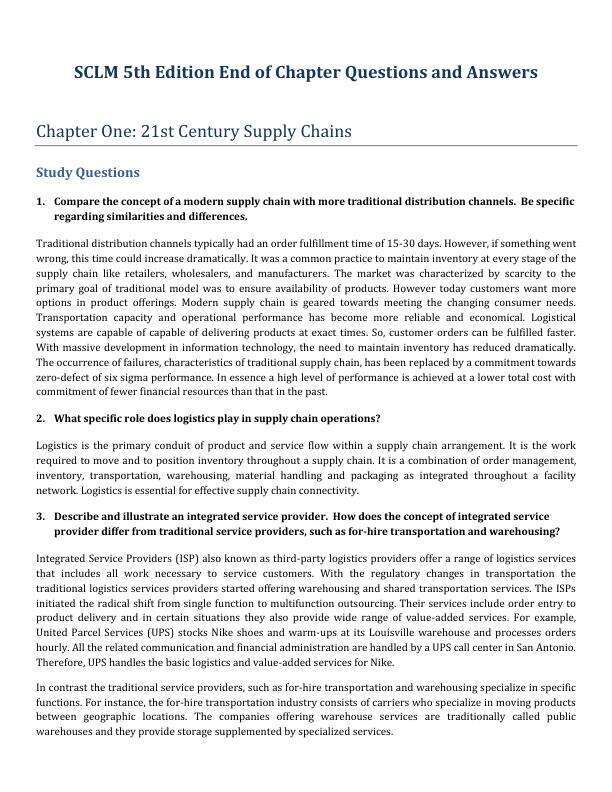Solution Manual for Supply Chain Logistics Management, 5thth Edition Bowersox Chapter(1-13)