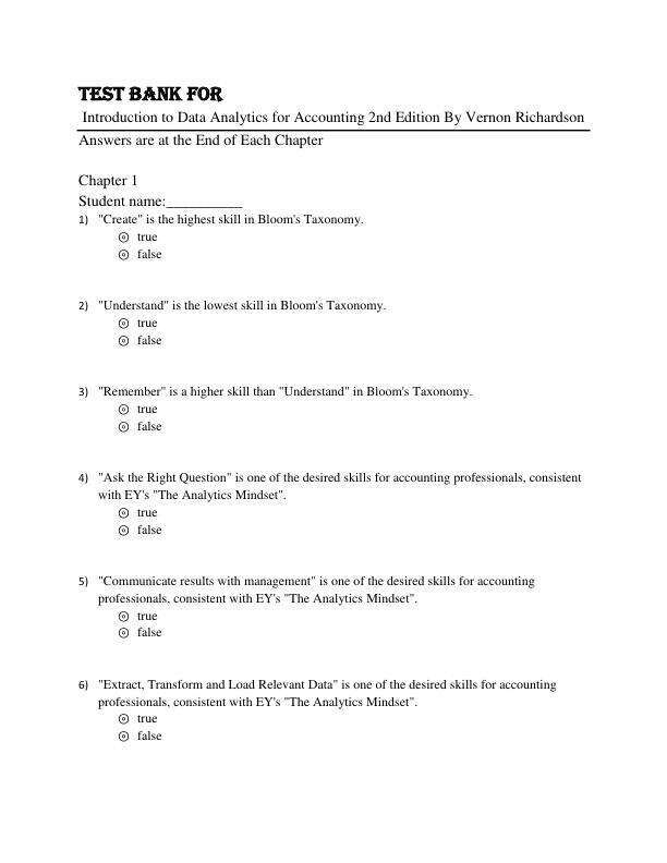 Test Bank Fol For Introduction to Data Analytics for Accounting 2nd Edition By Vernon Richardson
