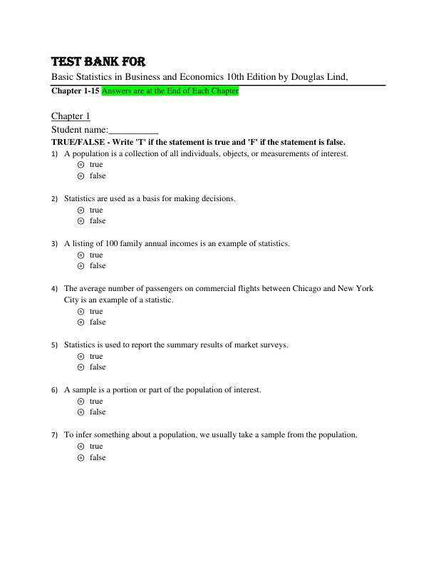 Test Bank For Basic Statistics in Business and Economics 10th Edition By Douglas Lind, Chapter(1-15)