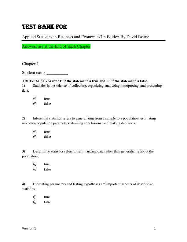 Test Bank For Applied Statistics in Business and Economics7th Edition By David Doane