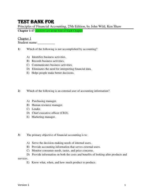 Test Bank For Principles of Financial Accounting, 25th Edition, by John Wild, Ken Shaw (Chapters 1-17)