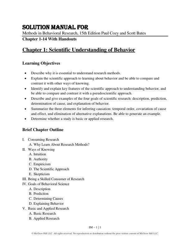 Solution Manual For Methods in Behavioral Research, 15th Edition Paul Cozby and Scott Bates Chapter(1-14)