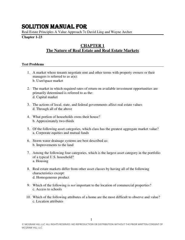 Solution Manual For Real Estate Principles A Value Approach 7e David Ling and Wayne Archer Chapter(1-23)