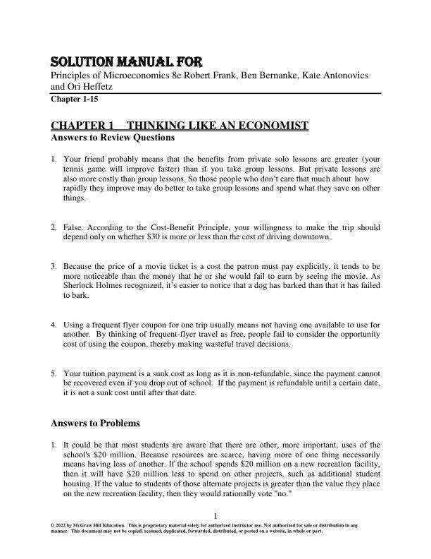 Solution Manual For Principles of Microeconomics 8e Robert Frank, Ben Bernanke, Kate Antonovics and Ori Heffetz Chapter(1-15)