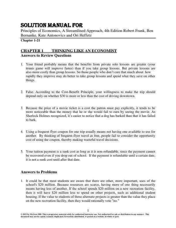 Solution Manual For Principles of Economics, A Streamlined Approach, 4th Edition Robert Frank, Ben Bernanke, Kate Antonovics and Ori Heffetz Chapter(1-21)