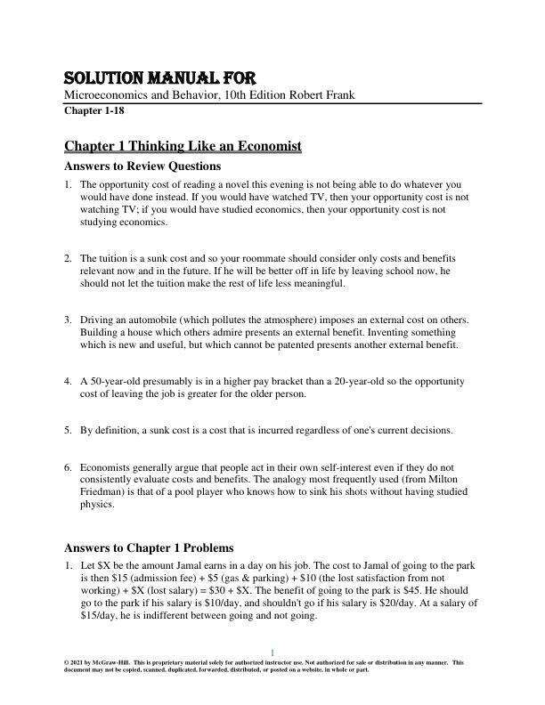 Solution Manual For Microeconomics and Behavior, 10th Edition Robert Frank Chapter(1-18)