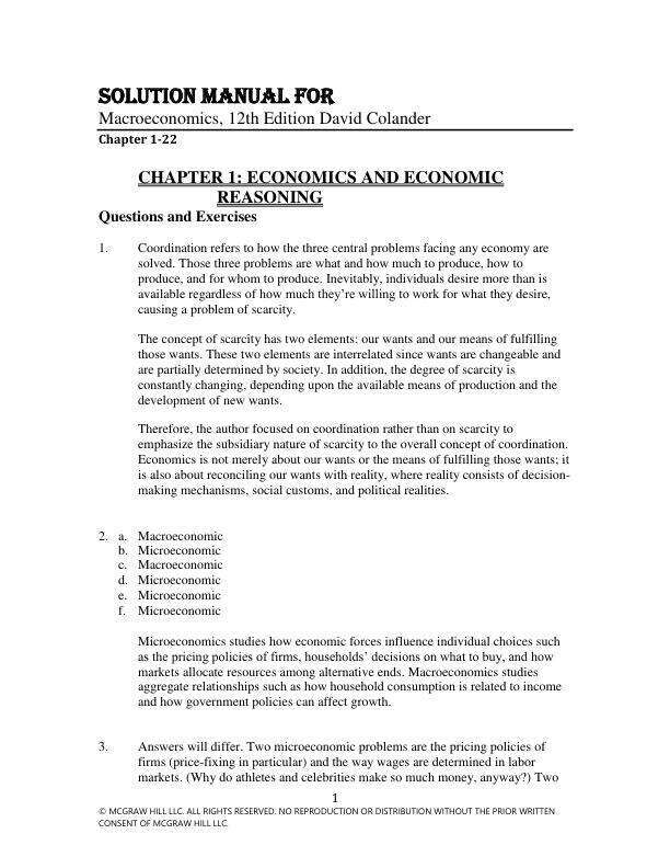 Solution Manual For Macroeconomics, 12th Edition David Colander Chapter(1-22)