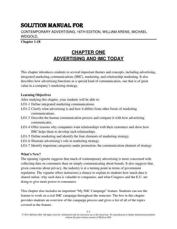 Solution Manual For Contemporary Advertising, 16th Edition, William Arens, Michael Weigold,Chapter(1-18)