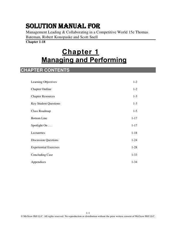 Solution Manual For Management Leading & Collaborating in a Competitive World 15e Thomas Bateman, Robert Konopaske and Scott Snell Chapter(1-18)