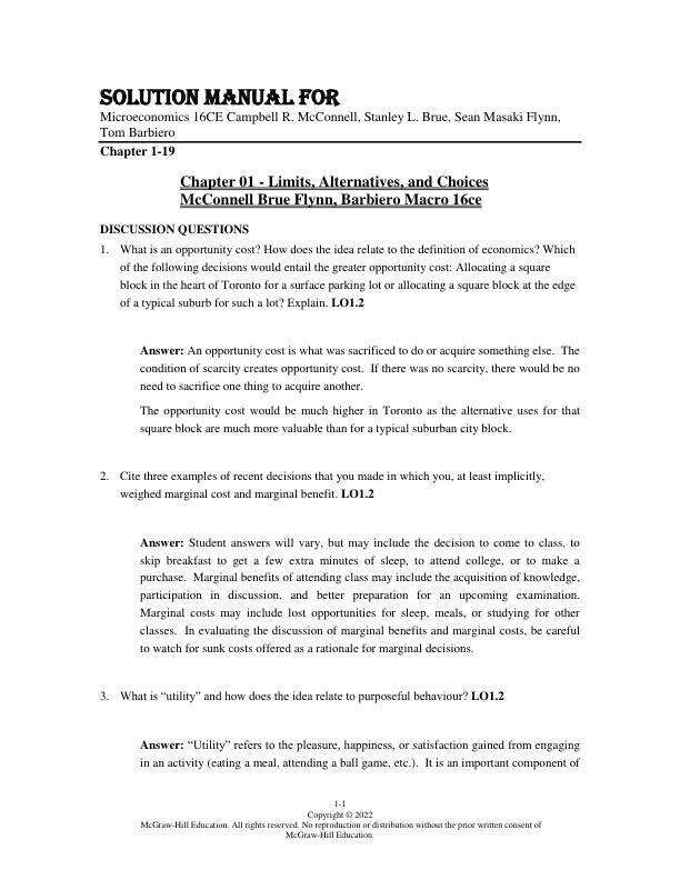 Solution Manual For Microeconomics 16CE Campbell R. McConnell, Stanley L. Brue, Sean Masaki Flynn, Tom Barbiero Chapter(1-19)