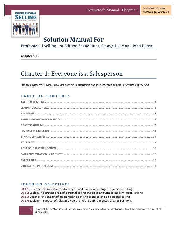 Solution Manual For Professional Selling, 1st Edition Shane Hunt, George Deitz and John Hansen Chapter(1-10)