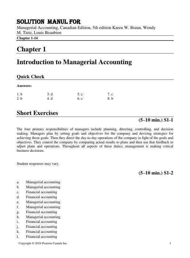 Solution Manual For Managerial Accounting, Canadian Edition, 5th edition Karen W. Braun, Wendy M. Tietz, Louis Beaubien
