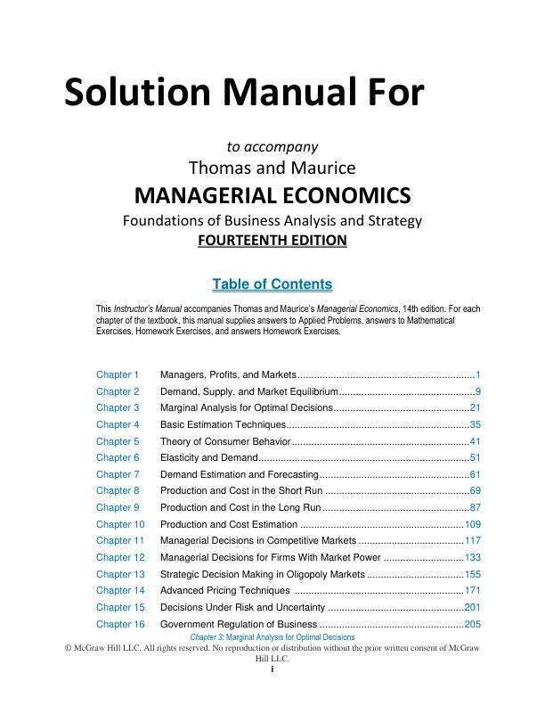 Solution Manual For Managerial Economics Foundations of Business Analysis and Strategy, 14th Edition Christopher Thomas Chapter(1-16)