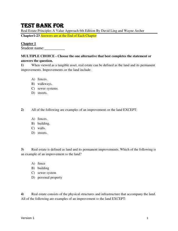 Test Bank For Real Estate Principles A Value Approach 6th Edition By David Ling and Wayne Archer Chapter(1-23)