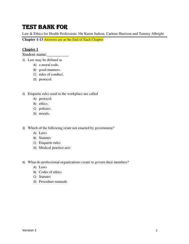 Test Bank For Law & Ethics for Health Professions 10e Karen Judson, Carlene Harrison and Tammy Albright