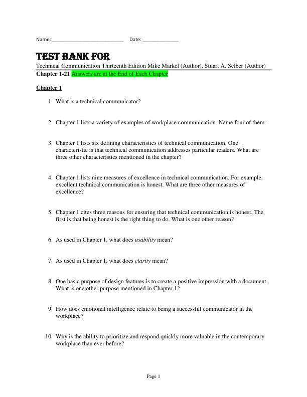 Test Bank For Technical Communication Thirteenth Edition Mike Markel (Author), Stuart A. Selber (Author) Chapter(1-21)
