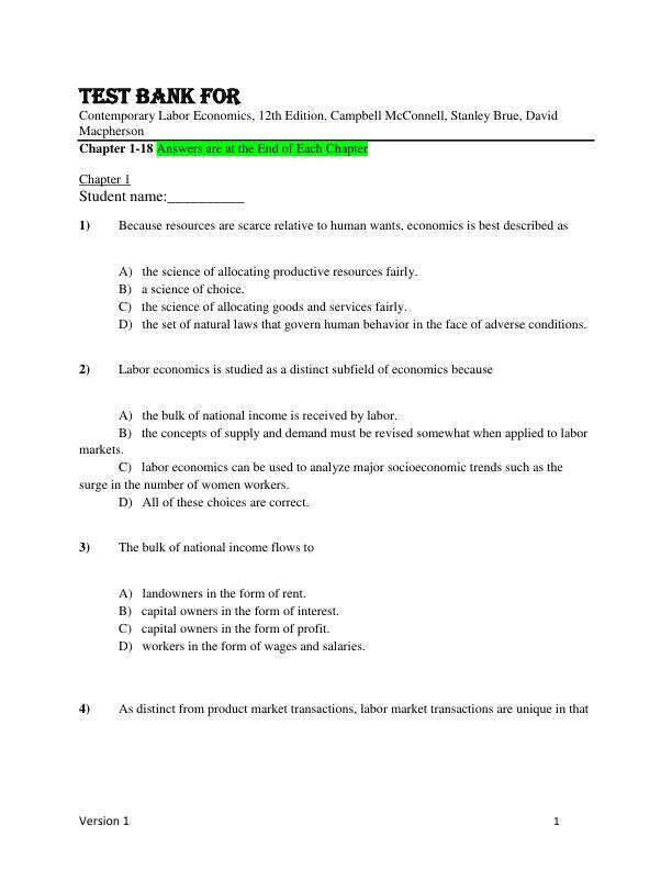 Test Bank For Contemporary Labor Economics, 12th Edition, Campbell McConnell, Stanley Brue, David Macpherson