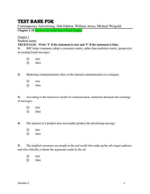 Test Bank For Contemporary Advertising, 16th Edition, William Arens, Michael Weigold,Chapter(1-18)