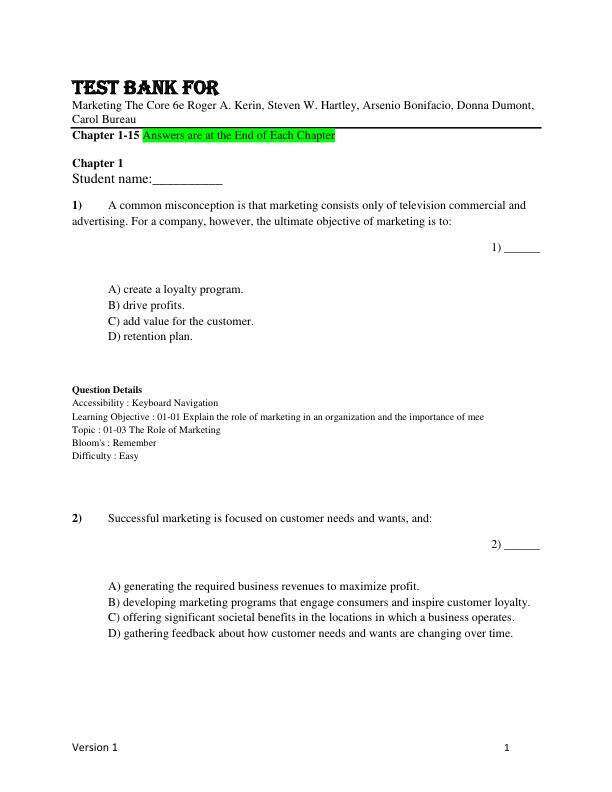 Test Bank For Marketing The Core 6e Roger A. Kerin, Steven W. Hartley, Arsenio Bonifacio, Donna Dumont, Carol Bureau