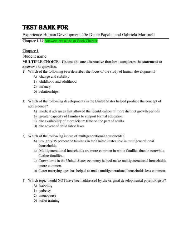 Test Bank For Experience Human Development 15e Diane Papalia and Gabriela Martorell Chapter(1-19)