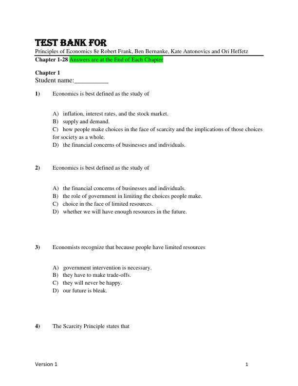 Test Bank for Principles of Economics 8e Robert Frank, Ben Bernanke, Kate Antonovics and Ori Heffetz