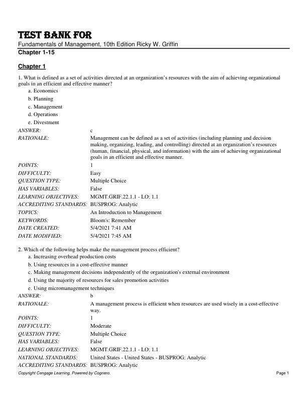 Test Bank For Fundamentals of Management, 10th Edition Ricky W. Griffin Chapter (1-15)