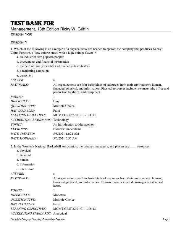 Test Bank For Management, 13th Edition Ricky W. Griffin Chapter(1-20)