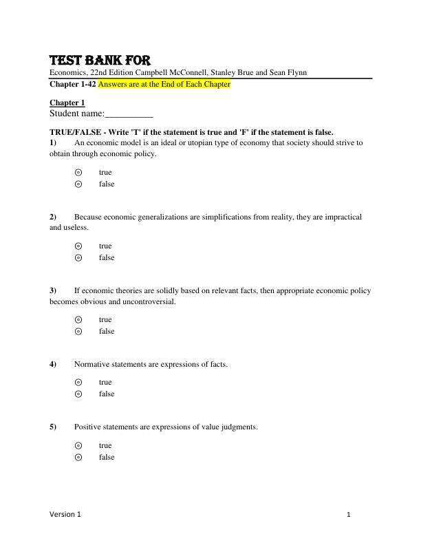 Test Bank For Economics, 22nd Edition Campbell McConnell,Stanley Brue and Sean Flynn Chapter(1-42)